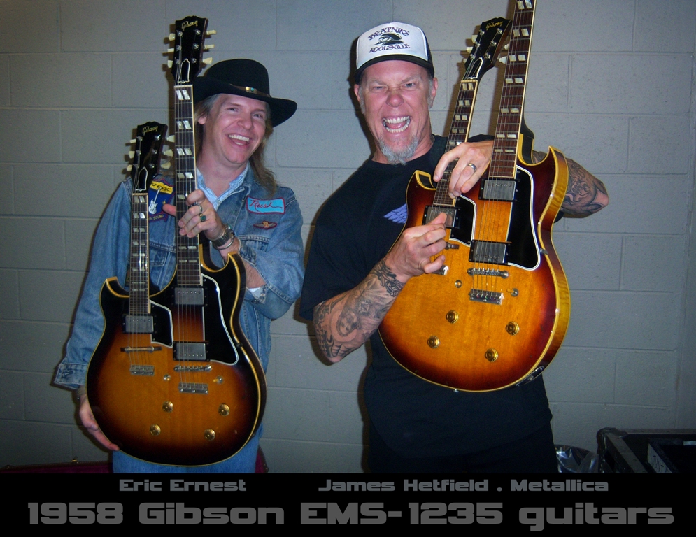 Eric Ernest and James Hetfield of Metallica with 1958 Gibson EMS1235 double