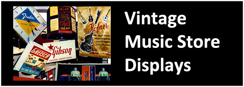vintage store displays guitar shop displays banners clocks signs counter strings picks 1950s 1960s 1970s gibson fender gretsch martin eagle brand blue bird blue bell neon pocelain enamel rare unique for sale buy playtime only a gibson is ggod enough gibsonians that great gretsch sound nationa glass containers rack photos 1930s 1940s wwII trade used music shop music company